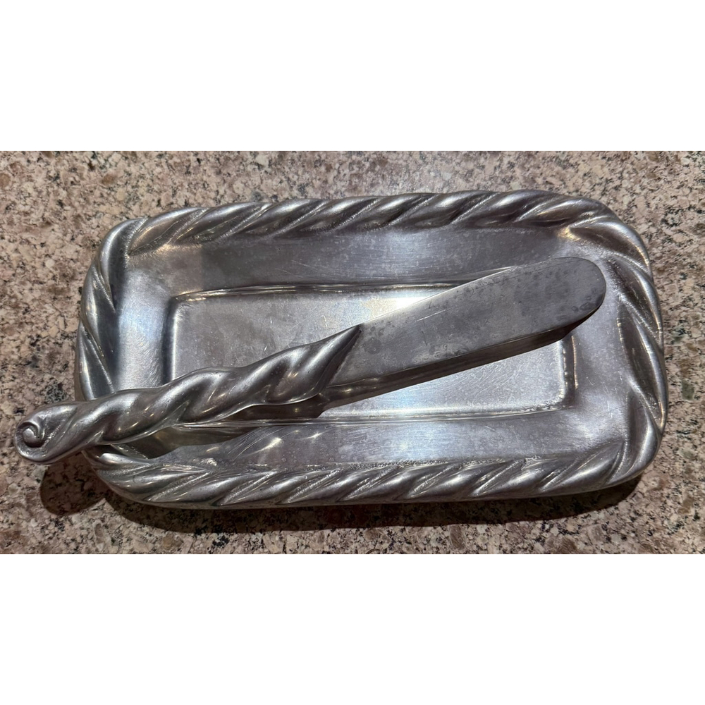 Vintage 2000 Mariposa Aluminum Butter Dish and Spreader Knife Set EUC